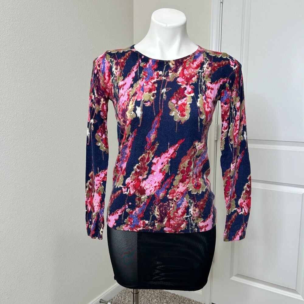 Talbots Perfect Merino Sweater Navy Pink Abstract Floral Long Sleeve Pullover XS